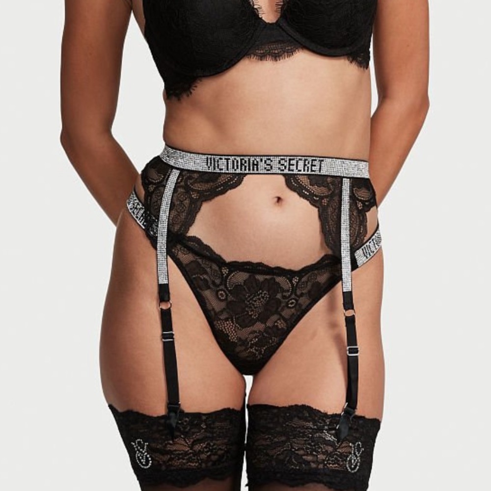 Shine Victoria’s Secret logo strap lace garter belt